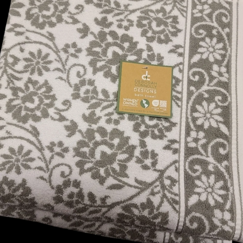 6pc Deborah Connolly Floral Scroll Damask Bath Hand Tip Towel Set Gray White New